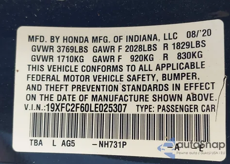 2020 Honda Civic Lx z USA, uszkodzony, nr VIN 19XFC2F60LE025307
